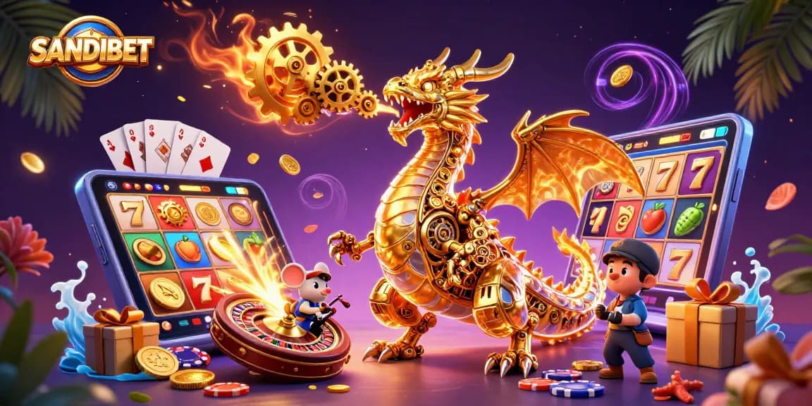 SANDIBET showcases a vibrant casino scene with a golden dragon and thrilling game elements, enhancing the gaming experience.
