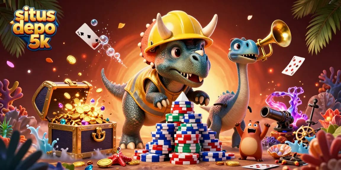 Situs depo 5k showcases a 3D cartoon triceratops stacking poker chips, surrounded by vibrant casino elements.