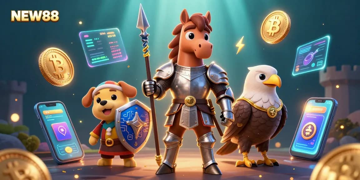 Bet on NEW88 with a medieval knight and puppy in a vibrant casino atmosphere.