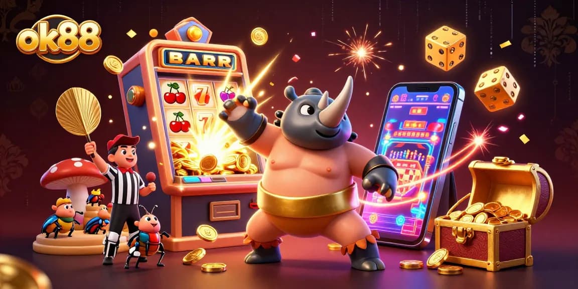 Experience the thrill of ok88 with a vibrant 3D casino illustration bursting with action and excitement.