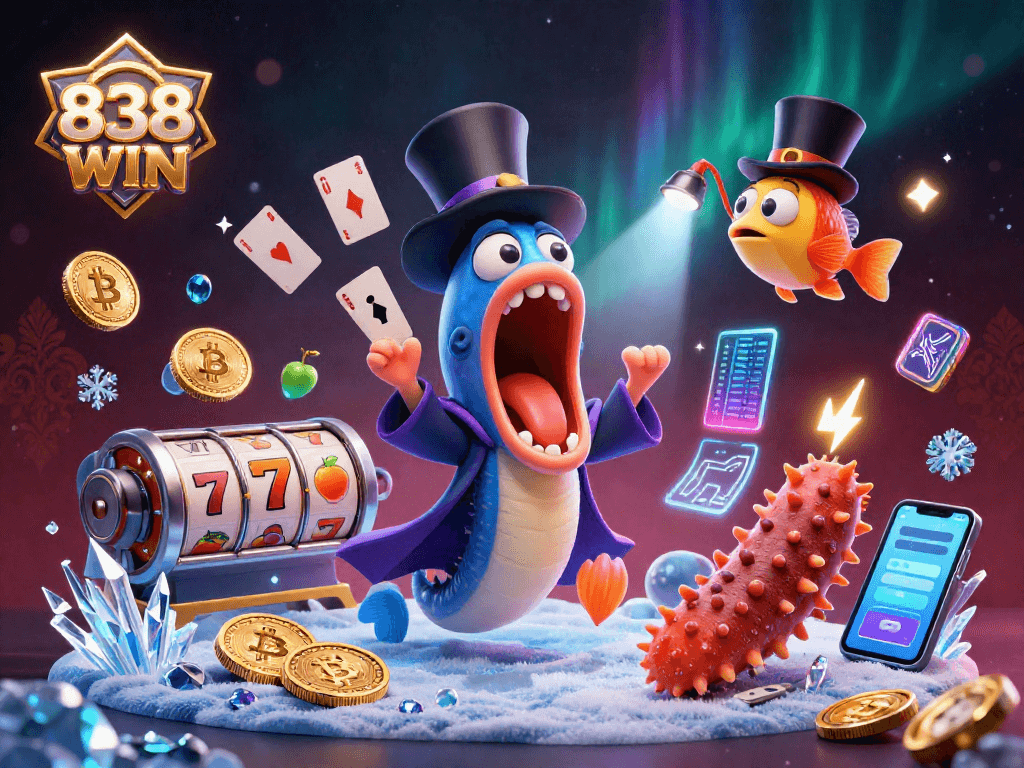 Experience thrilling card tricks with 838WIN's deep-sea characters in an electrifying casino scene.