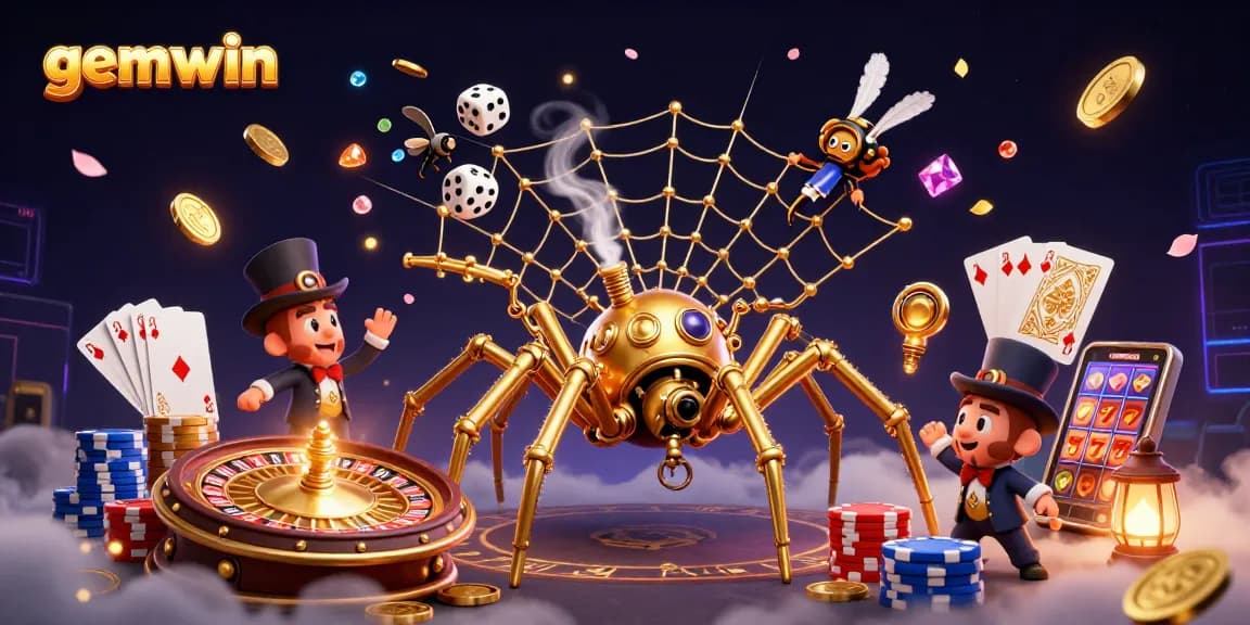 Experience gemwin's thrilling casino adventure with a steampunk spider and golden web of games.