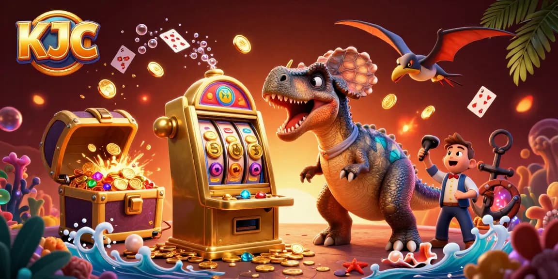KJC enhances gaming experiences as a colorful 3D scene shows characters headbutting a slot machine and catching coins.