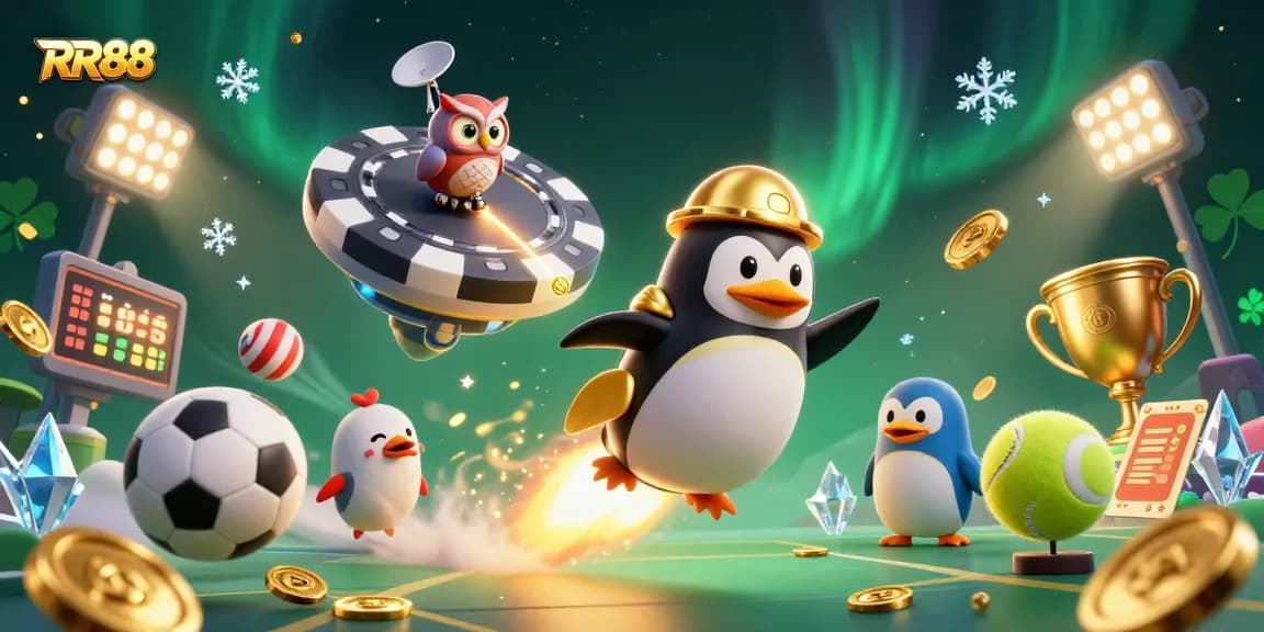 RR88 offers an exciting gaming experience with golden penguins and dynamic sports elements blasting through a vibrant casino scene.