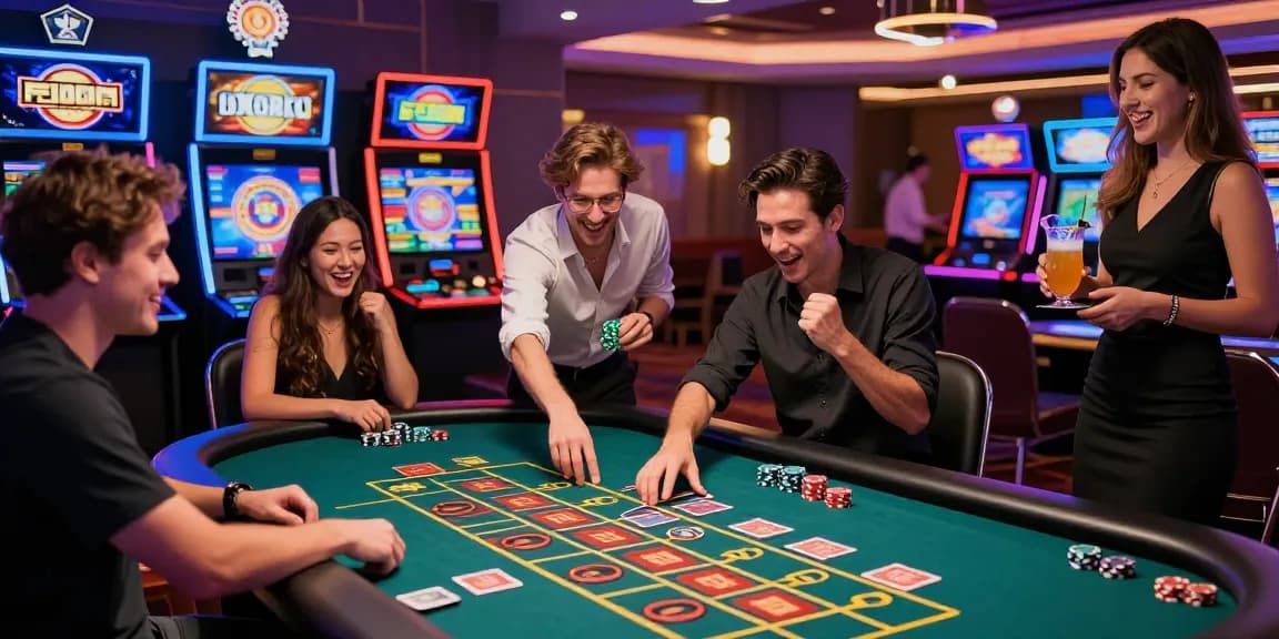 A lively casino scene with friends celebrating at a roulette table, capturing the excitement of pajaktoto gaming.