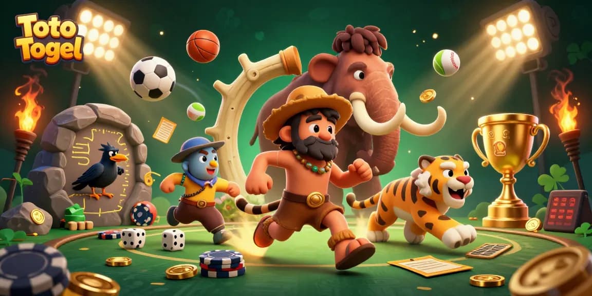 Gambaran Toto Togel dengan karakter gua kuno dan harimau sabertooth yang menjalankan kasino prasejarah yang meriah.