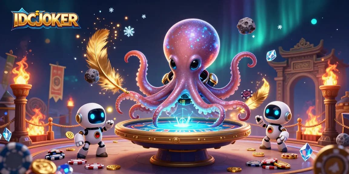 IDCJOKER's alien octopus plays poker in a vibrant, detailed 3D casino scene filled with colorful elements.