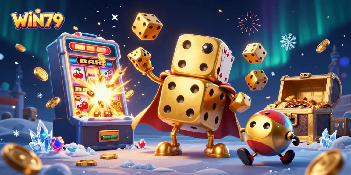Experience thrilling gaming with WIN79’s vibrant 3D casino illustration filled with dynamic characters.