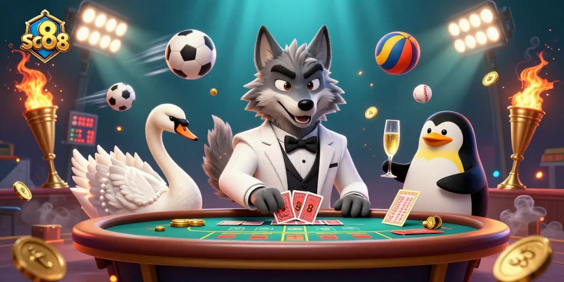 Experience the excitement at sc88 with a dynamic 3D casino scene featuring entertaining characters and gambling elements.