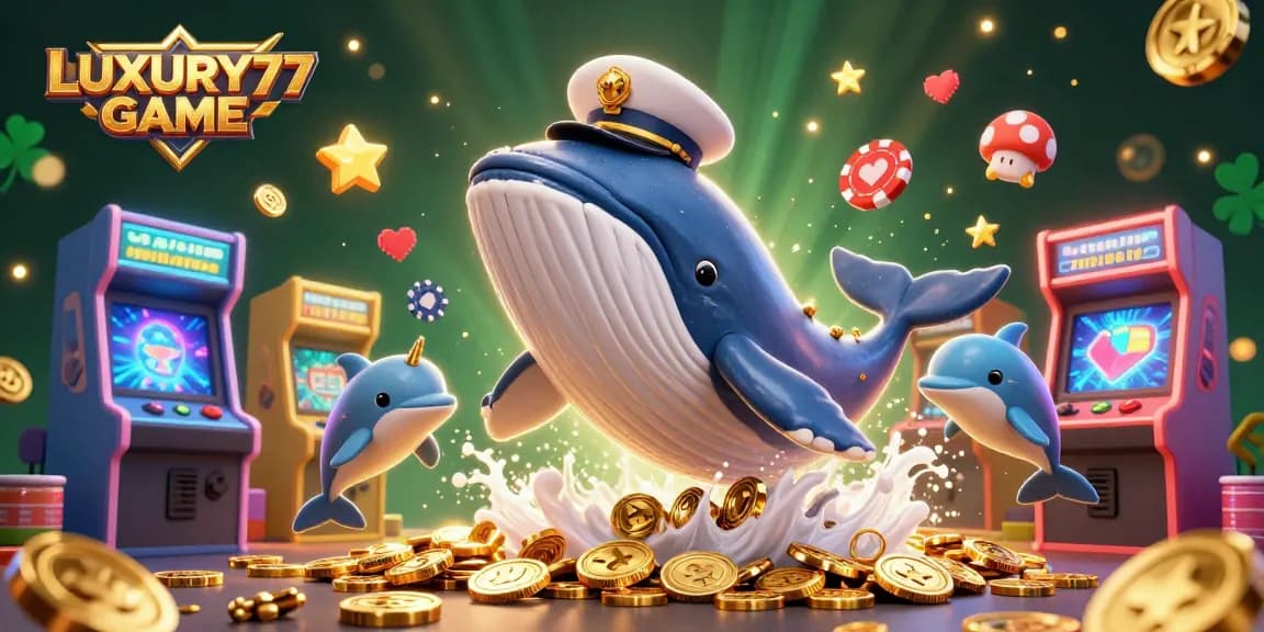 LUXURY77 GAME showcases a vibrant 3D cartoon whale and friends surrounded by coins and gaming elements.