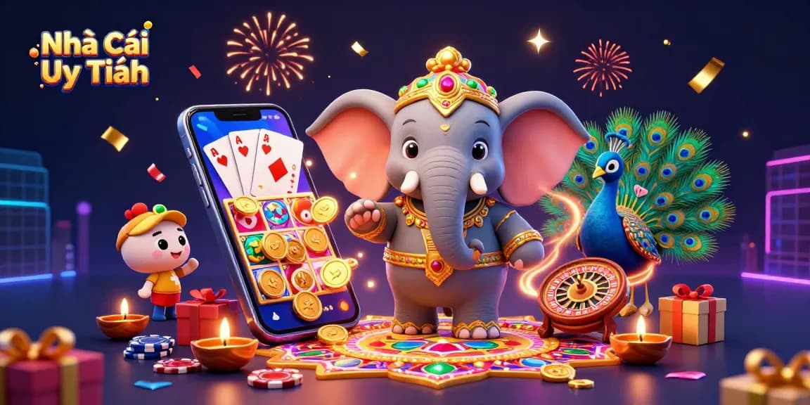 Engage with Nhà Cái Uy Tín through exciting slot games amidst a colorful, festive scene filled with prizes and epic visuals.