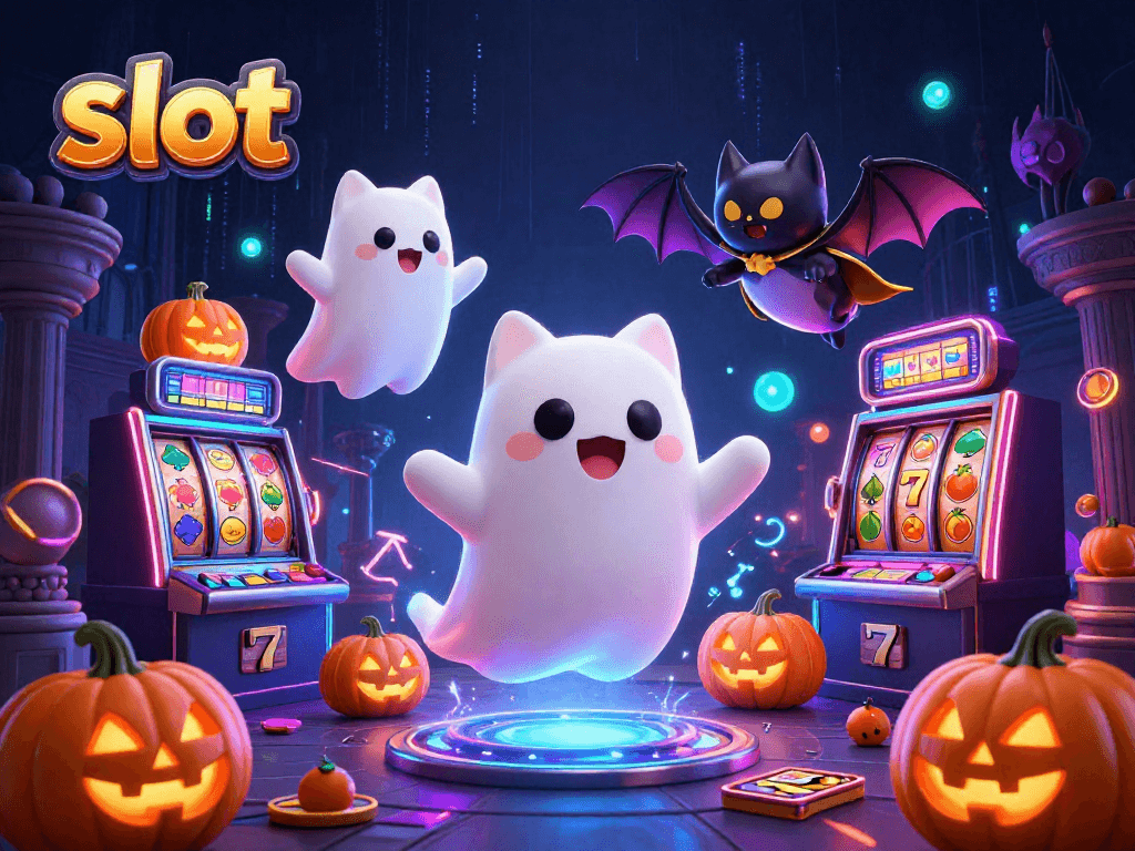 Bermain slot di dunia fantasi kasino bersama kucing hantu dan vampir, dikelilingi simbol bertuah.