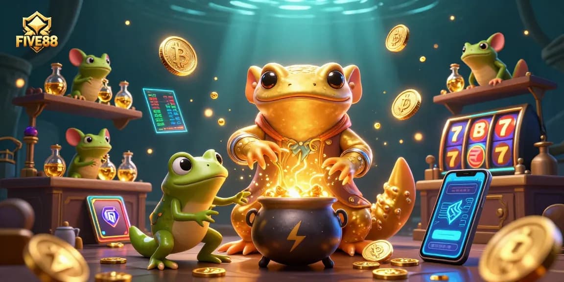 Join the adventure of FIVE88 with a cartoon alchemist and frog apprentice in a gold-filled casino!