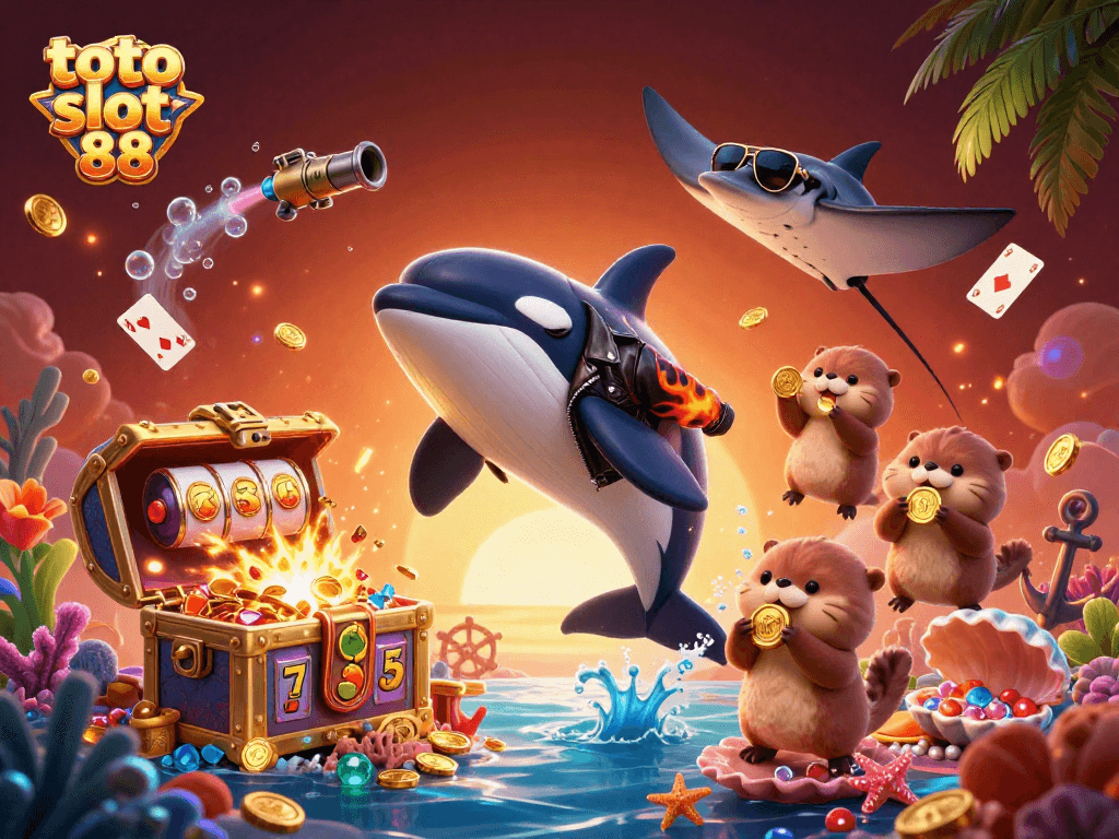 Engaging scene with toto slot 88 featuring an orca, stingray, and otters celebrating their jackpot wins.