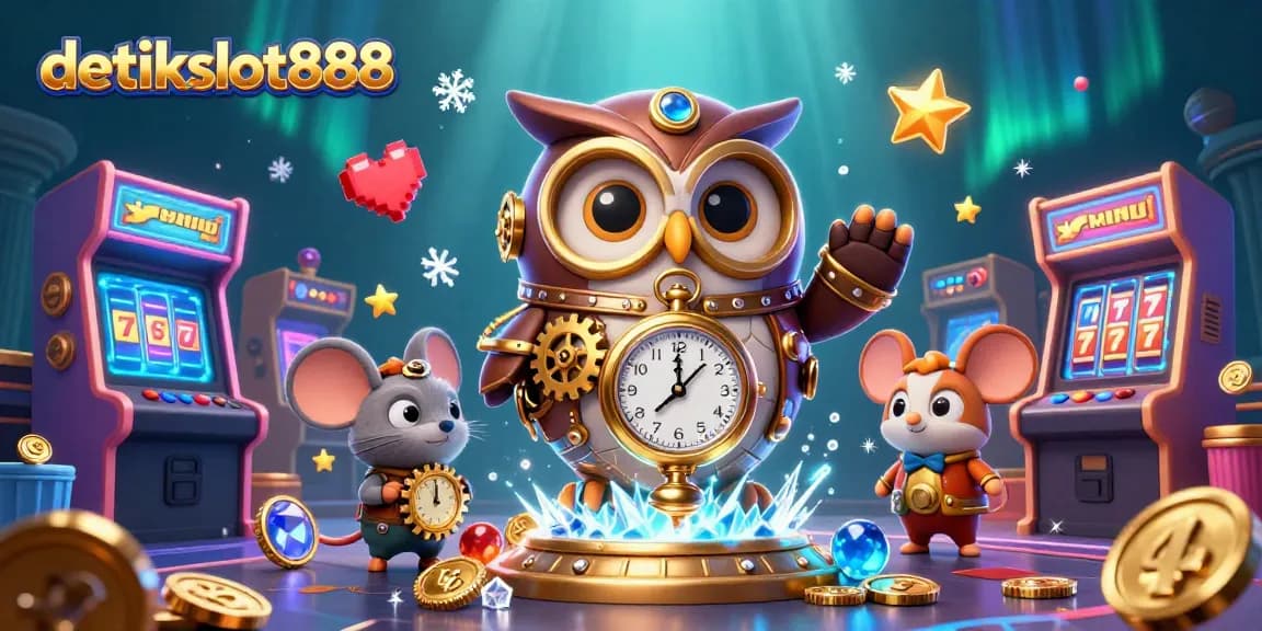 Permainan slot menarik di detikslot888 dengan karakter unik dan mesin arcade yang berwarna-warni.