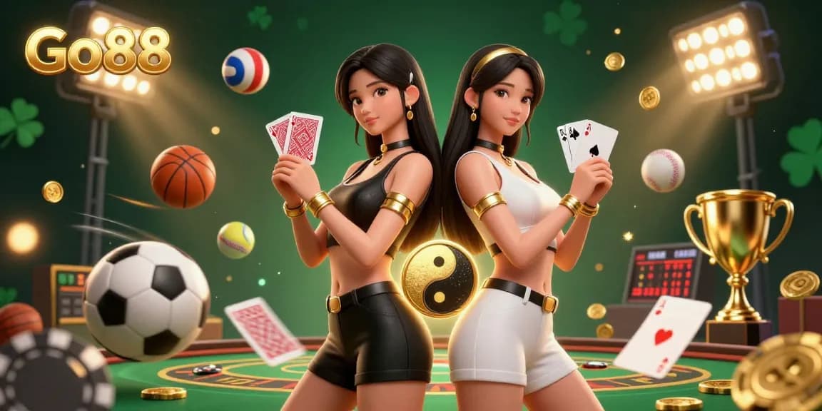 Experience the excitement of Go88 with twin Asian women in a powerful pose holding cards set against a vibrant casino-themed backdrop.