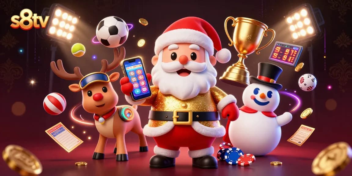 S8TV showcases sports betting excitement with Santa and friends celebrating wins in a casino-themed scene.