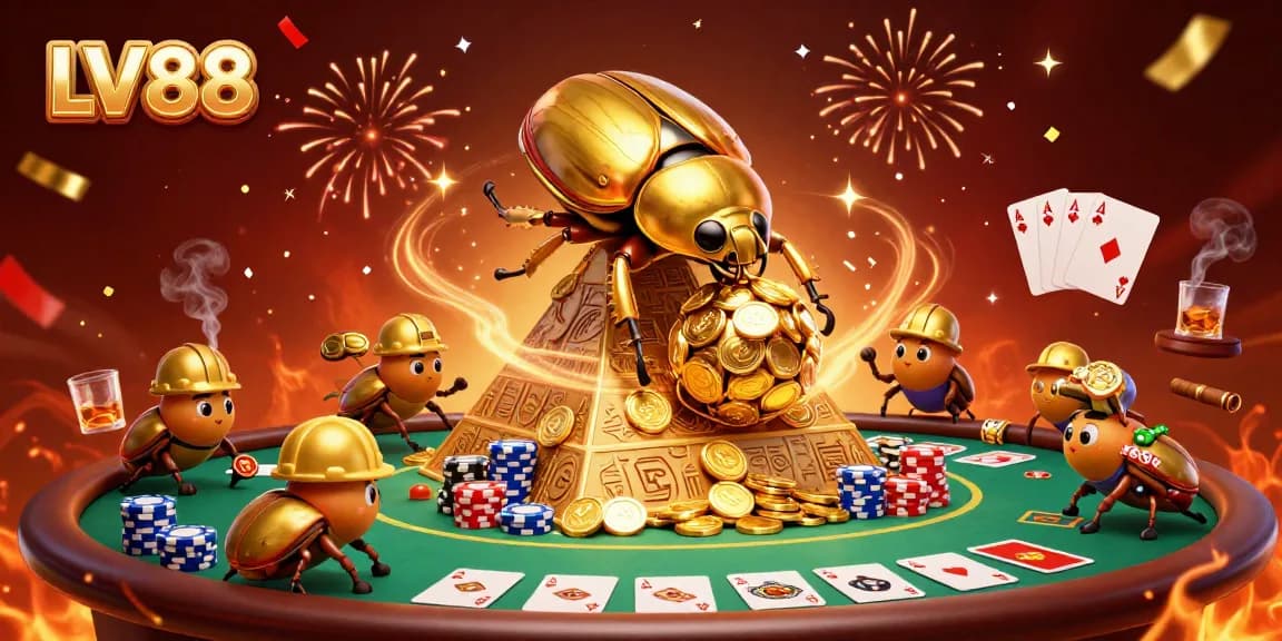 Experience the thrill of LV88 with a golden beetle rolling coins and poker chips in a vibrant casino scene.