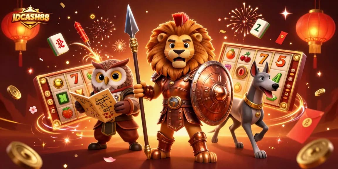 Spin to win with IDCASH88's dynamic casino scene featuring vibrant slot elements and energetic characters.