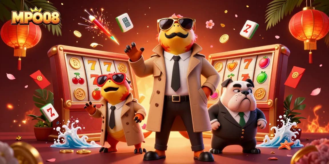 Engage in the thrilling world of MPO08 with raptors in disguise attempting to enter a vibrant casino.