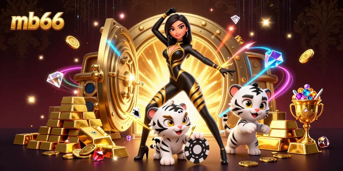 mb66 adventurous scene featuring a stunning woman and a playful tiger amidst casino treasures