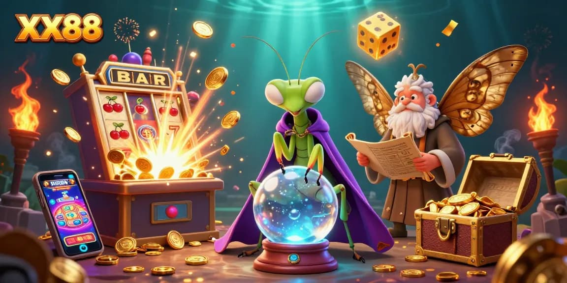Engage with XX88 through vibrant 3D casino elements and mystical characters in an immersive gaming scene.