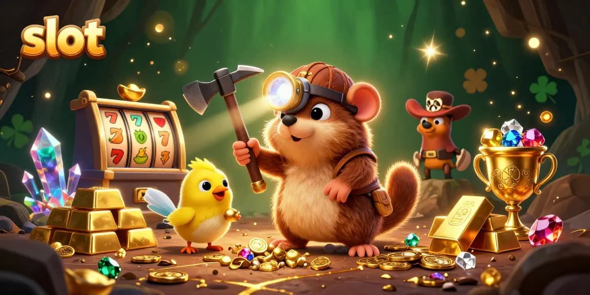 Spin the slots and uncover hidden treasures in this vibrant 3D illustration featuring a treasure hunter mole.