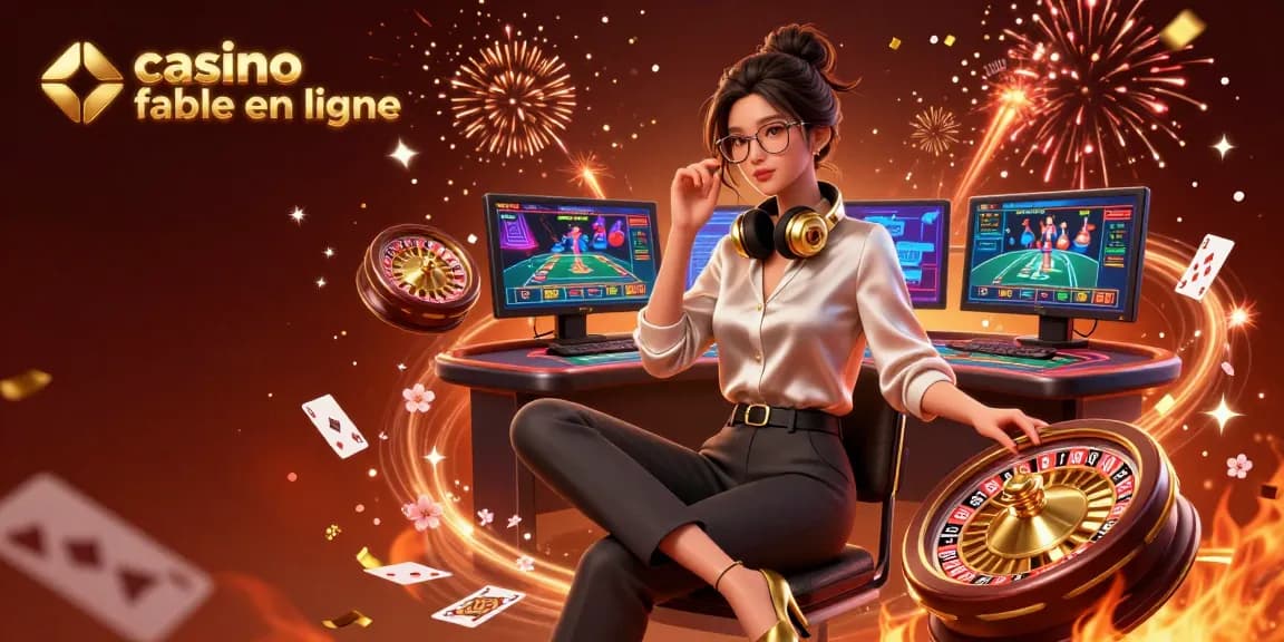 Vivez l'excitation d'un casino fiable en ligne avec un joueur professionnel absorbé par des jeux avec croupiers en direct tandis que des éléments vibrants l'entourent.