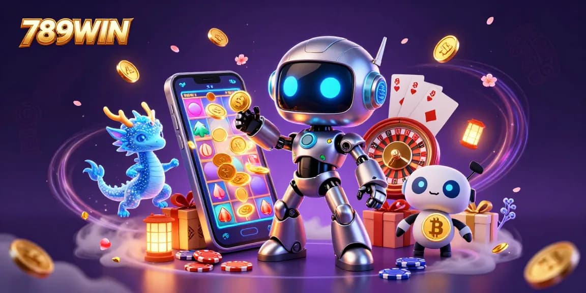 Experience 789WIN's thrilling slot adventure with a vibrant 3D illustration featuring gaming characters and elements.