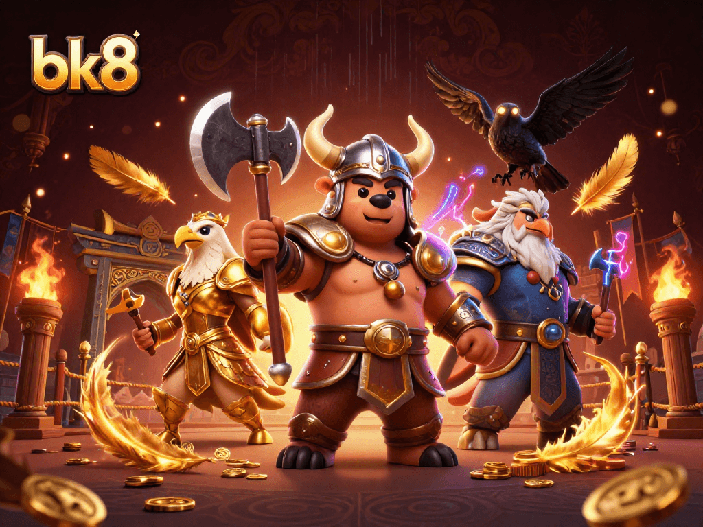 Engage in thrilling BK8 sports betting with dynamic, action-packed 3D illustration featuring Viking and eagle characters.