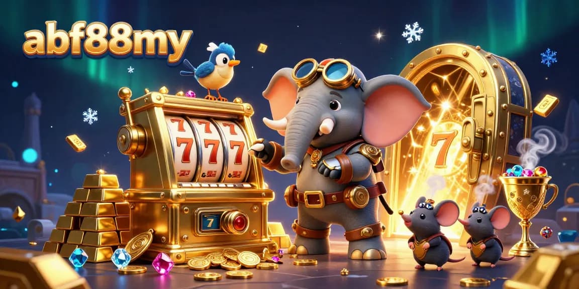 Spin the golden slot machine with afb88my, as a steampunk elephant navigates treasures and gems.