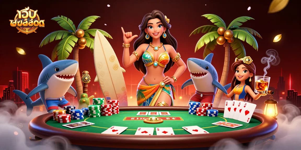 Win big at เว็บสล็อต with a vibrant casino scene filled with poker chips and energy.