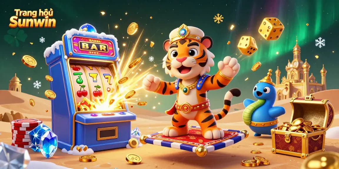 Engage with exciting gaming opportunities on Trang chủ Sunwin featuring vibrant 3D illustration of slot machines, characters, and treasure