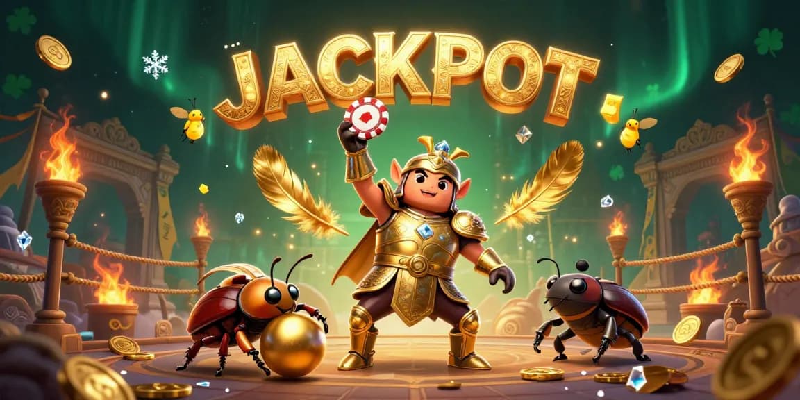 Bayitoto brand depicted in a vibrant poker scene with a victorious beetle and dazzling elements.