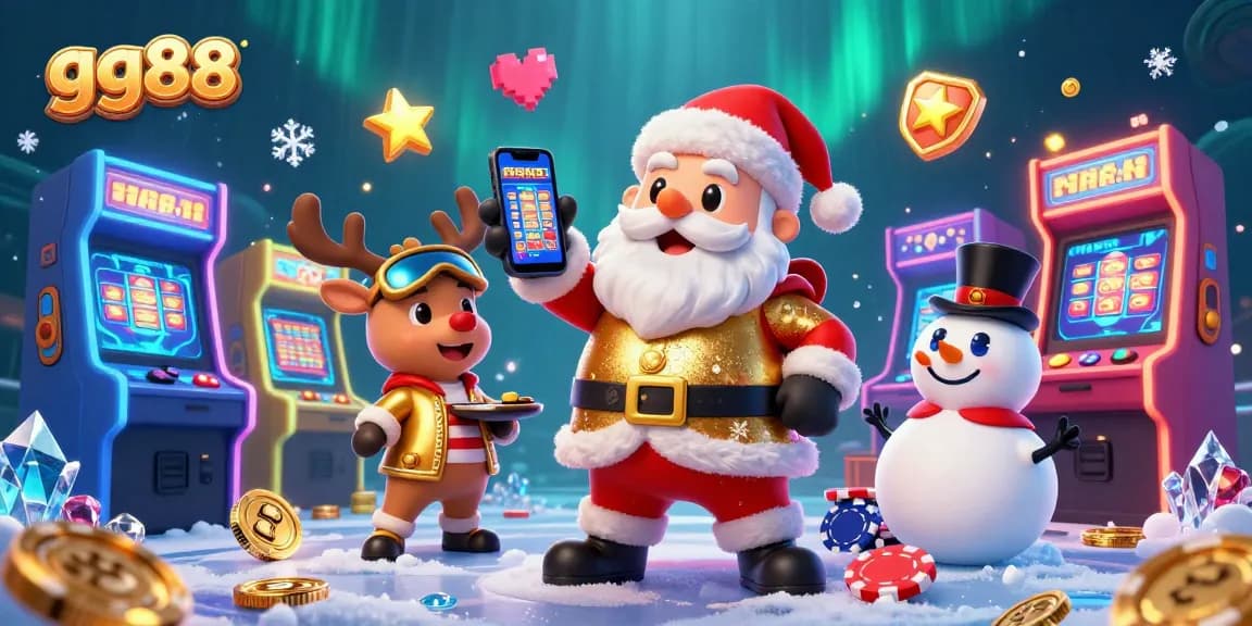 Experience the excitement of gg88 with Santa and friends celebrating winning jackpots in a vibrant casino atmosphere.