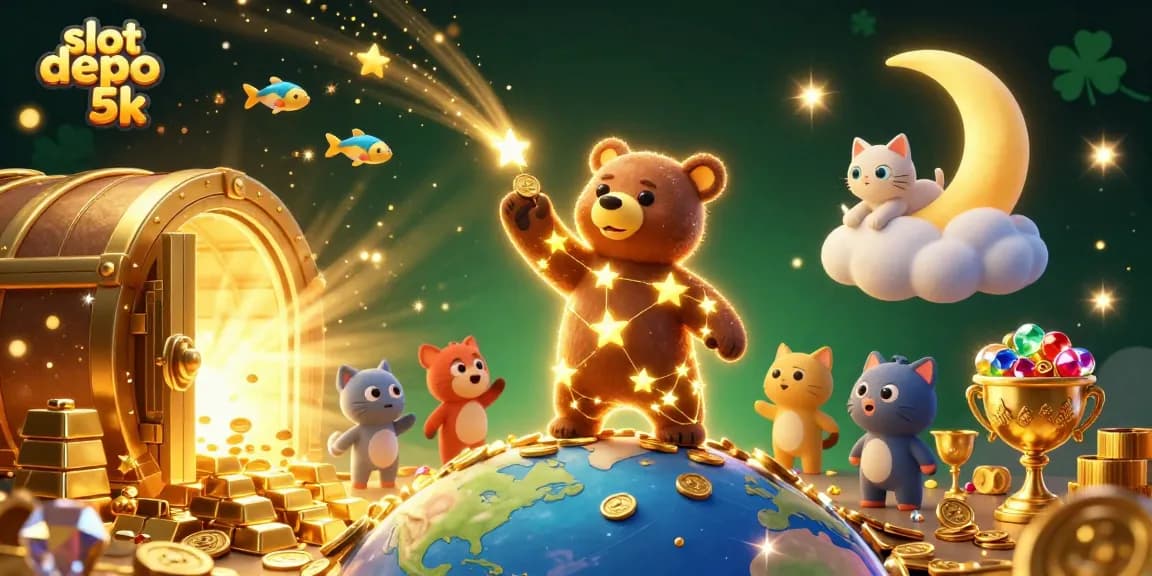 Experience the thrill of slot depo 5k with vibrant golds, gems, and gaming characters in a dazzling casino scene.