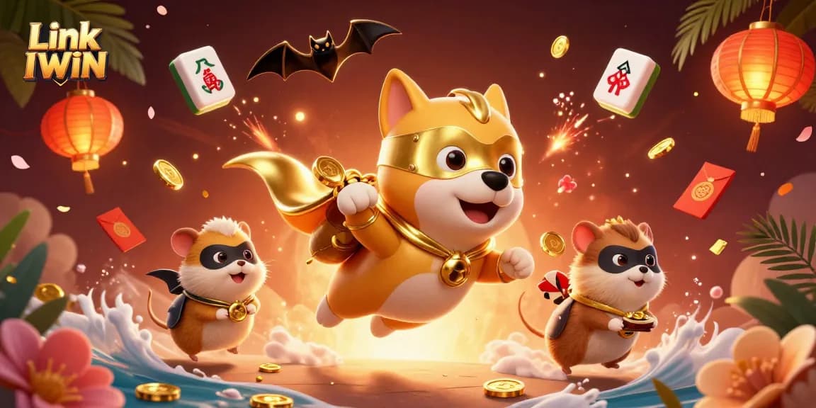 Link IWIN showcases a superhero dog and hamster in an engaging casino-themed scene full of vibrant games and festive elements.