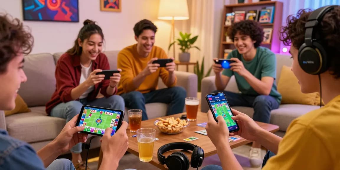 Exciting Card Rummy APK download file shown on mobile, users engaged in gameplay in a cozy setting with colorful graphics.