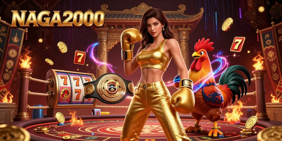 NAGA2000 menampilkan adegan menarik dengan seorang wanita kuat dan ayam juara di tengah keseruan kasino.