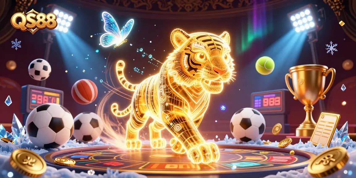 Experience the vibrant world of QS88 with a neon tiger and sports action in a digital casino.