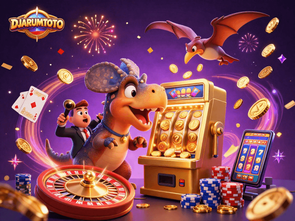 DJARUMTOTO's exciting scene showcases a pachycephalosaurus triggering a jackpot at a vibrant casino.