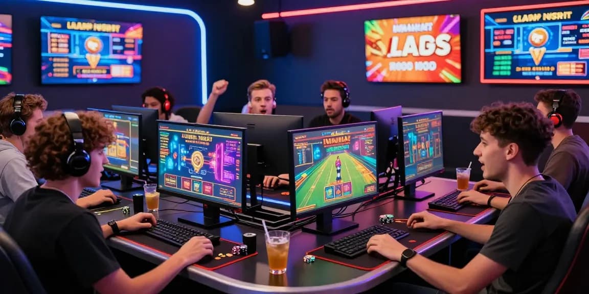 Players enjoying the engaging atmosphere of a casino non AAMS, surrounded by vibrant graphics and gaming excitement.