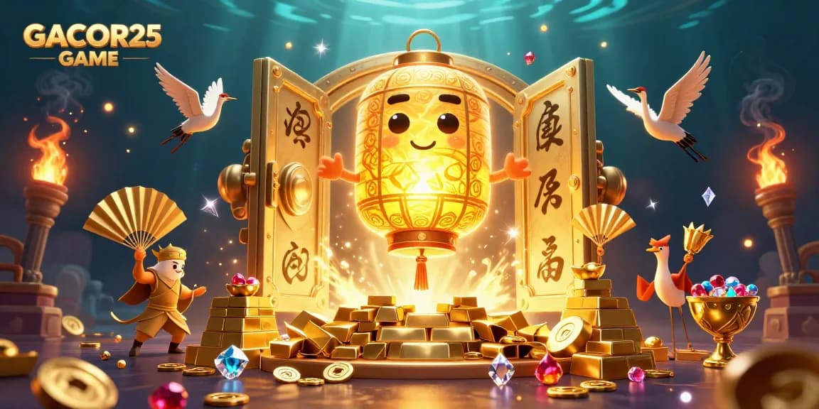 Experience winning excitement with GACOR25 GAME in a vibrant casino illustration filled with treasure and lucky symbols.