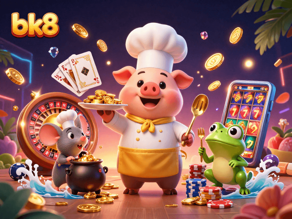 Engage with bk8's thrilling slots, chef pig serving gold coins at a vibrant casino scene.