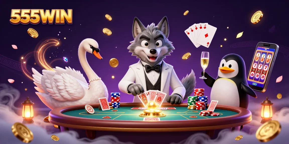 Experience thrilling gameplay at 555WIN with vibrant 3D cartoon characters in a colorful casino scene.