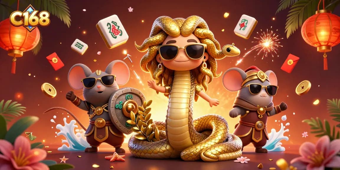 C168 players engaging in a lively online casino experience with Medusa and a warrior mouse.