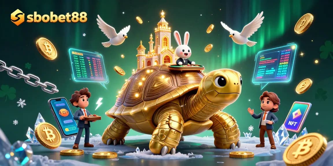 Experience sbobet88 betting action with a vibrant tortoise casino, rabbit dealer, and glowing crypto coins.