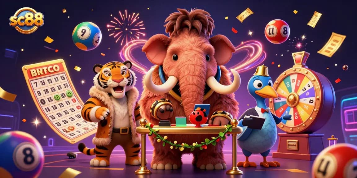 Experience thrilling moments with sc88 in this vibrant casino scene featuring dynamic lottery elements and lively characters.