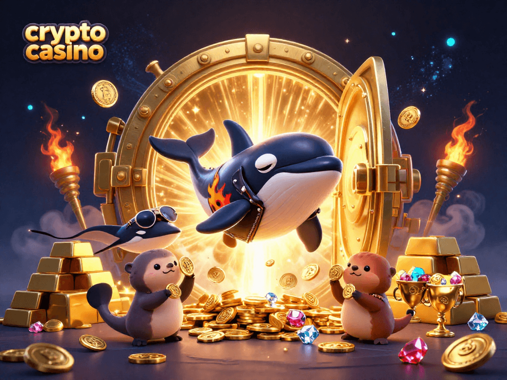 Experience the excitement at a crypto casino with vibrant characters celebrating wealth and adventure.
