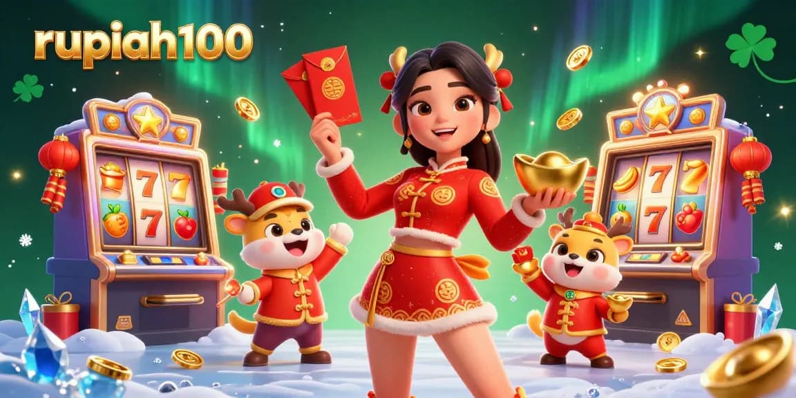 Experience gambling joy with rupiah100 in a festive casino scene featuring vibrant characters and slot machines.